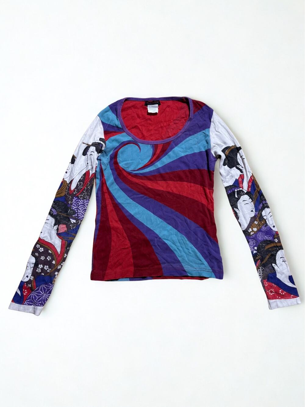 Vtg Y2K Custo Barcelona Red Purple Swirl Print Geisha Pattern Long Sleeve Top